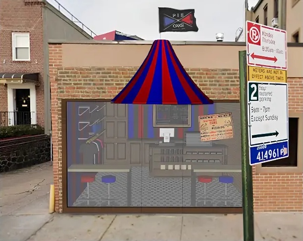 Pie vs Cake storefront rendering with a red and blue circus-inspired awning
