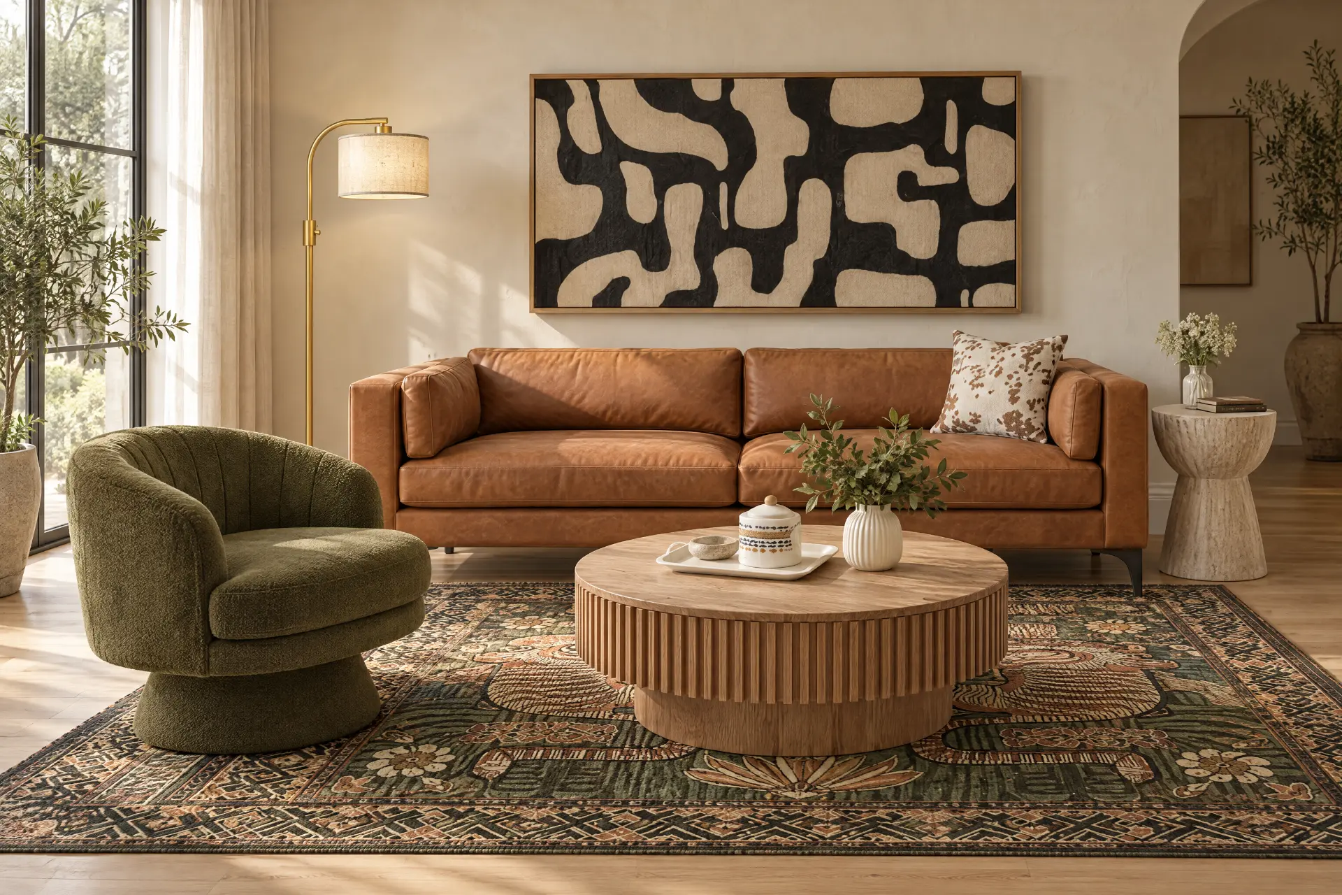 Living room with a leather sofa, olive upholstered chair, round fluted wood coffee table, patterned rug, and abstract artwork